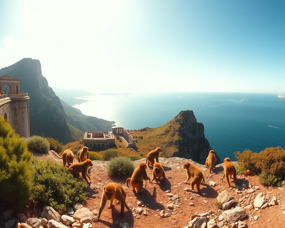 A panoramic view of the iconic Rock of Gibraltar, showcasing its majestic cliffs and natural beauty. In the foreground, a group of playful Barbary macaques frolic among lush greenery and rocky terrain, symbolizing the legends surrounding the area. The middle ground features historical structures like the Moorish Castle and remains of ancient fortifications, bathed in warm, golden sunlight. The background boasts the expansive Mediterranean Sea under a bright, partly cloudy sky, with distant ships sailing along the horizon. The scene is illuminated by soft morning light, casting gentle shadows and enhancing the atmosphere of serenity and mystery. The composition captures both the natural splendor and rich history of Gibraltar, evoking a sense of wonder and timelessness.