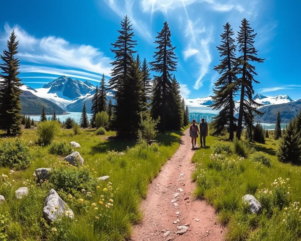 A panoramic view of the pathway leading to Los Glaciares National Park, capturing the journey from El Calafate. In the foreground, lush green grasses and wildflowers sway gently, dotted with rocky outcrops. The middle ground features a winding road flanked by tall, majestic trees, with a few travelers dressed in casual yet modest attire, admiring the scene. In the background, towering ice formations glisten under the bright sun, reflecting shades of blue and white. The atmosphere is vibrant and serene, with wispy clouds in a clear blue sky. Shot from a slightly elevated angle with soft, natural lighting to create a warm, inviting feeling, emphasizing the stunning beauty of the Argentinian landscape.