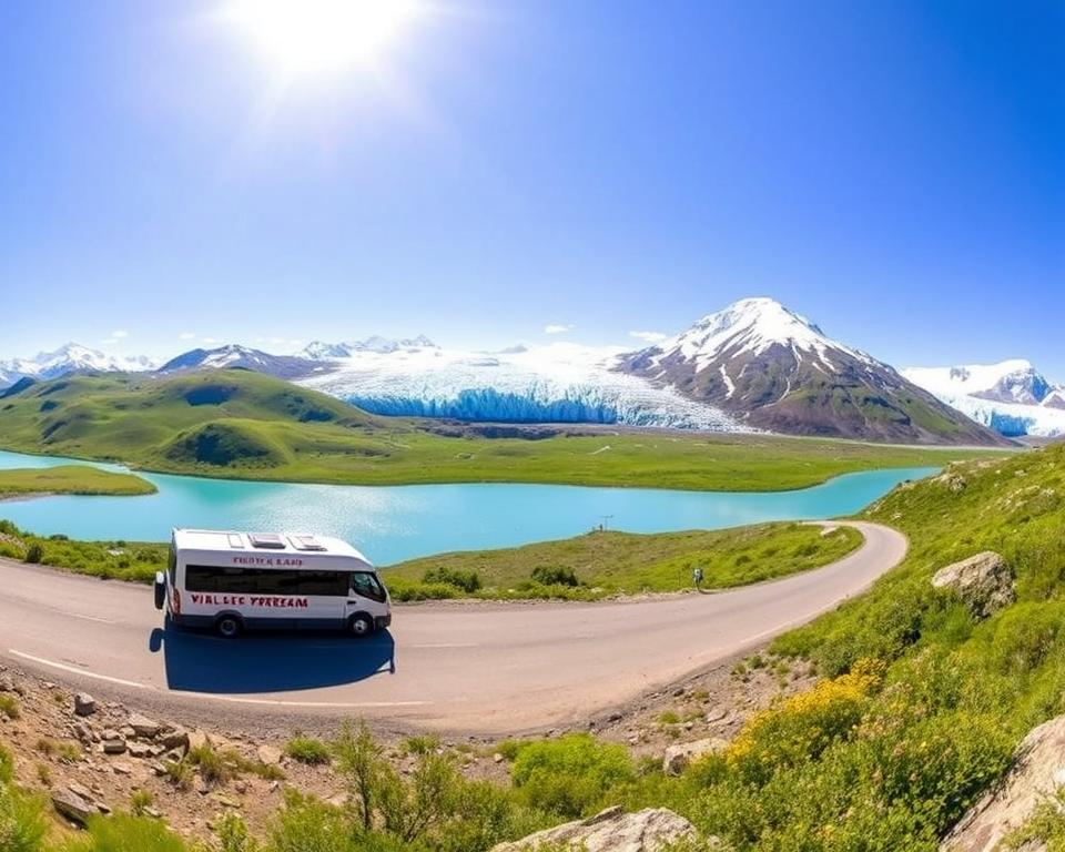 A panoramic view of the transportation route from El Calafate to the stunning Perito Moreno Glacier, showcasing a scenic landscape. In the foreground, a modern transfer vehicle navigates along a winding road, surrounded by lush green hills and patches of wildflowers. The middle ground features a glimmering blue lake reflecting the vibrant colors of the sky and the distant glacier. In the background, the towering ice formation of the Perito Moreno Glacier looms majestically under a bright, clear sky, with soft, diffuse sunlight illuminating the scene. Capture this vibrant setting with a wide-angle lens to emphasize the grandeur of nature, evoking a sense of adventure and the journey through this breathtaking region. Create a serene and inviting atmosphere, devoid of people or distractions.