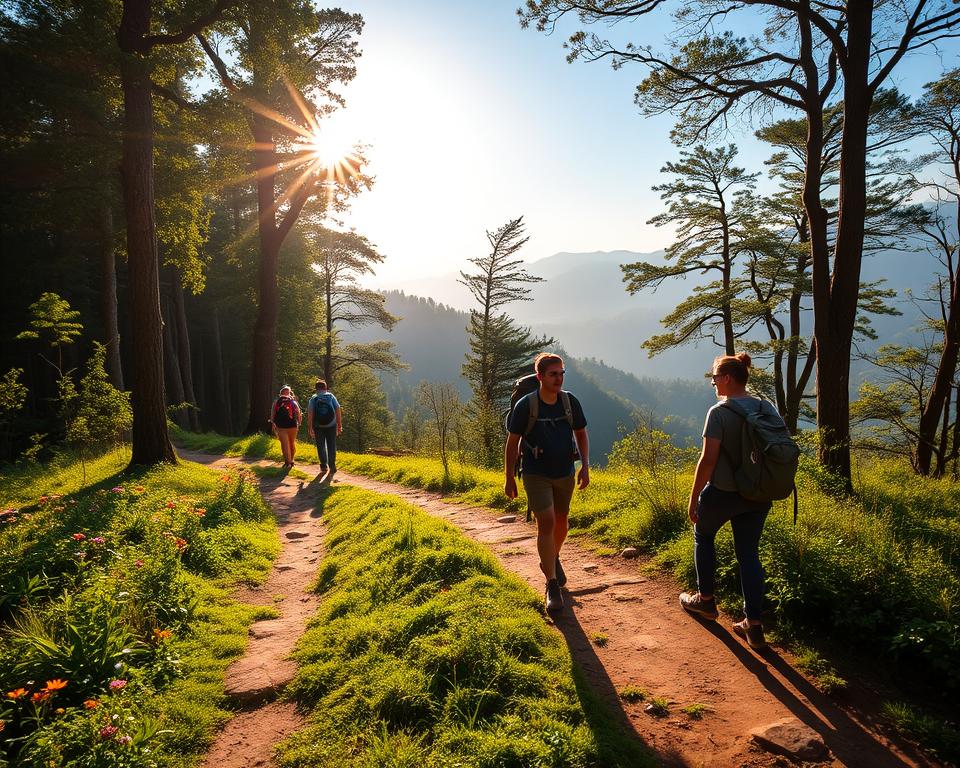 A peaceful hiking trail in Khao Yai National Park, Thailand, surrounded by lush greenery and towering trees that create a natural canopy. In the foreground, a well-trodden path leads into the dense forest, adorned with vibrant wildflowers and small rocks. The middle ground showcases hikers in modest casual clothing, enjoying their trek, with backpacks slung over their shoulders, their expressions reflecting a sense of adventure and tranquility. The background is filled with misty mountains under a clear blue sky, with the sun casting a warm golden light through the trees. The atmosphere is serene and invigorating, inviting viewers to explore the beauty of nature in this renowned national park. Capture the scene from a slightly elevated angle to provide depth, emphasizing the grandeur of the landscape and the intimacy of the trail. A peaceful hiking trail in Khao Yai National Park, Thailand, surrounded by lush greenery and towering trees that create a natural canopy. In the foreground, a well-trodden path leads into the dense forest, adorned with vibrant wildflowers and small rocks. The middle ground showcases hikers in modest casual clothing, enjoying their trek, with backpacks slung over their shoulders, their expressions reflecting a sense of adventure and tranquility. The background is filled with misty mountains under a clear blue sky, with the sun casting a warm golden light through the trees. The atmosphere is serene and invigorating, inviting viewers to explore the beauty of nature in this renowned national park. Capture the scene from a slightly elevated angle to provide depth, emphasizing the grandeur of the landscape and the intimacy of the trail.