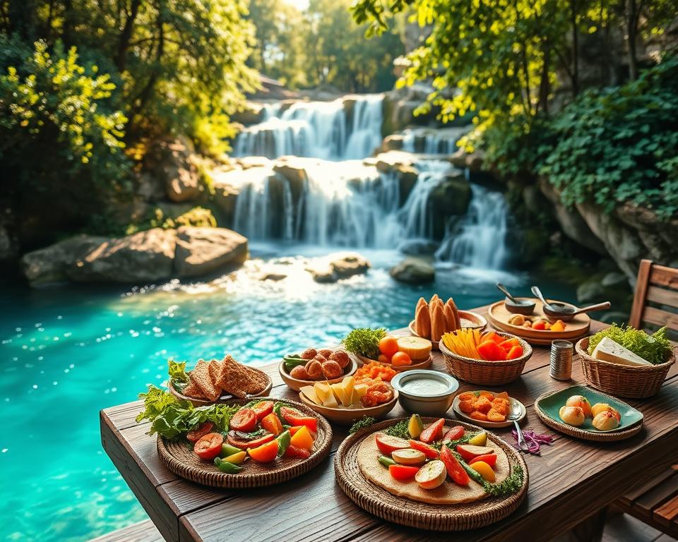 A picturesque Croatian waterfall scene featuring a vibrant culinary spread in the foreground. A rustic wooden table adorned with traditional Croatian dishes like fresh seafood, colorful vegetable salads, and local cheeses elegantly arranged on handwoven tableware. In the middle, the stunning turquoise waters of the waterfall cascade down rocky cliffs surrounded by lush greenery, creating a serene atmosphere. The background showcases an enchanting forest with dappled sunlight filtering through the leaves, casting a warm golden hue on the scene. The image captures an inviting, tranquil mood, emphasizing the rich flavors of Croatian cuisine set against the breathtaking natural beauty of the waterfalls. The perspective is slightly elevated, allowing for a clear view of both the culinary delights and the magnificent waterfall.