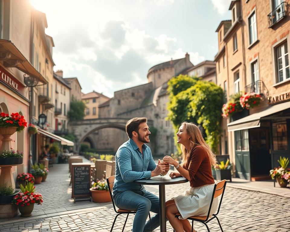 A picturesque European landscape exuding romance, featuring a charming cobblestone street lined with quaint cafes adorned with colorful flowers. In the foreground, a couple in modest casual attire enjoys a romantic moment, sipping coffee at an outdoor table, laughter and joy radiating from their expressions. The middle ground includes historical architecture, such as a beautiful stone bridge and lush greenery that invites exploration. In the background, soft sunlight filters through fluffy clouds, casting a warm golden hue over the scene, enhancing the dreamy atmosphere. The angle is slightly elevated, capturing the enchanting details of the setting, with rich textures emphasizing the essence of classic European romance. The overall mood is tranquil and intimate, perfect for a romantic getaway.