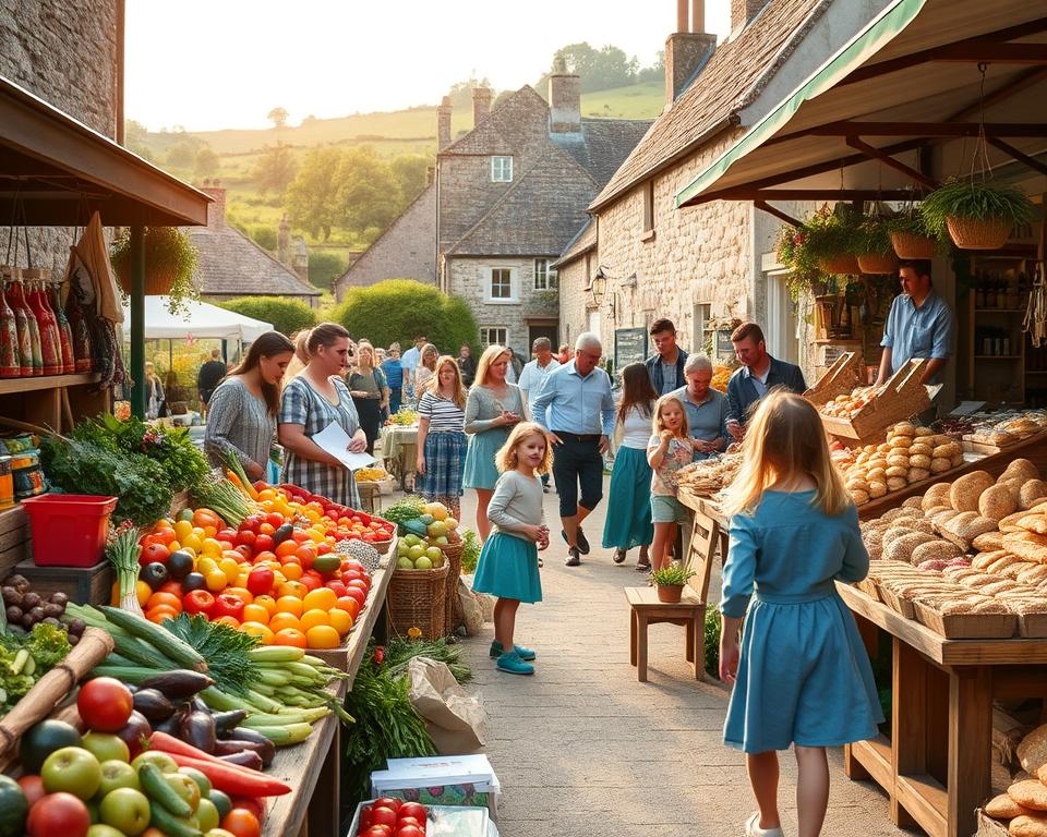 A picturesque Irish farmers' market scene, bustling with families enjoying vibrant fresh produce and handcrafted goods. In the foreground, a colorful array of vegetables, fruits, and artisanal breads displayed on rustic wooden stalls, inviting children to explore. The middle ground features a small crowd of families, parents and children dressed in modest casual clothing, interacting with friendly vendors. In the background, charming traditional stone buildings and lush greenery create a serene Irish landscape under soft, warm sunlight, typical of a late summer day. The atmosphere is lively and cheerful, capturing the essence of culinary delights and togetherness, perfect for young food enthusiasts. Use a wide-angle lens for depth, emphasizing the richness of colors and textures, with gentle, natural lighting to create an inviting ambiance.