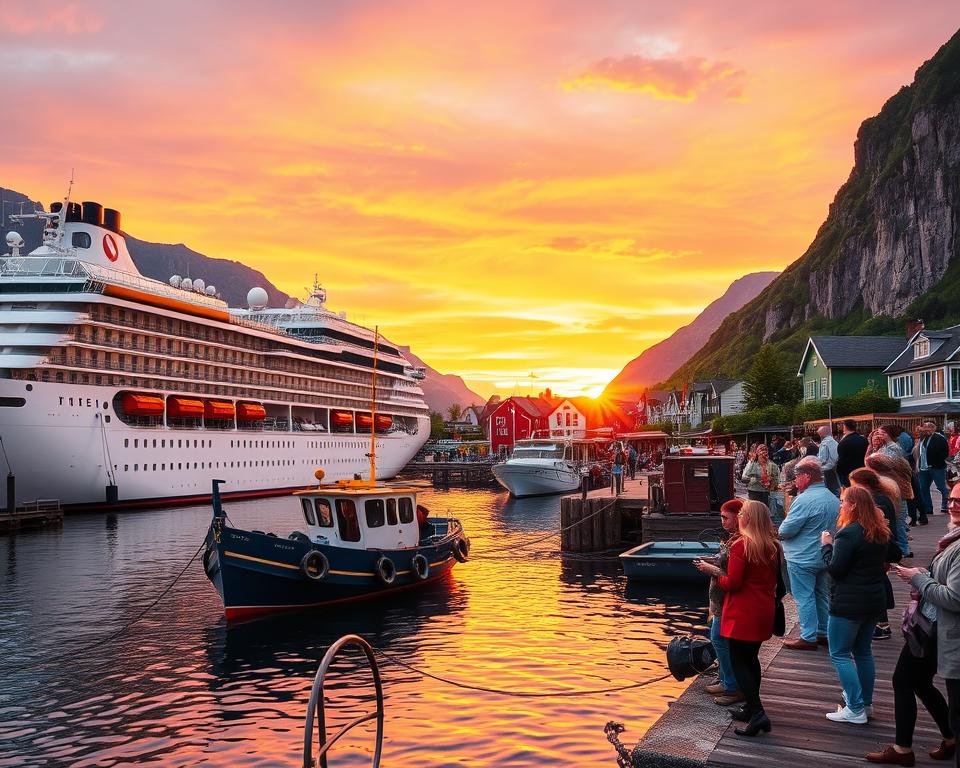 A picturesque Norwegian harbor scene during a vibrant sunset, featuring a cruise ship docked next to charming colorful wooden buildings lining the waterfront. In the foreground, a small fishing boat gently sways on the calm waters, displaying traditional Nordic fishing gear. The middle ground captures tourists in modest casual clothing enjoying the views, with some capturing photos of the stunning landscape. The background boasts majestic fjords with steep cliffs and lush greenery reflecting the warm hues of the setting sun. The sky is filled with soft pastel colors, blending seamlessly into the serene atmosphere. The focus is on the vibrant energy of the scene, suggesting adventure and serenity, inviting viewers into the breathtaking beauty of Norway’s coastal cities. A picturesque Norwegian harbor scene during a vibrant sunset, featuring a cruise ship docked next to charming colorful wooden buildings lining the waterfront. In the foreground, a small fishing boat gently sways on the calm waters, displaying traditional Nordic fishing gear. The middle ground captures tourists in modest casual clothing enjoying the views, with some capturing photos of the stunning landscape. The background boasts majestic fjords with steep cliffs and lush greenery reflecting the warm hues of the setting sun. The sky is filled with soft pastel colors, blending seamlessly into the serene atmosphere. The focus is on the vibrant energy of the scene, suggesting adventure and serenity, inviting viewers into the breathtaking beauty of Norway’s coastal cities.