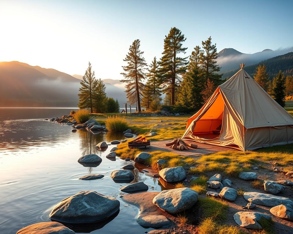 A picturesque Swedish lake scene at dawn, capturing the serene beauty of “Seen in Schweden.” In the foreground, a clear water's edge reflects the vibrant hues of a rising sun, illuminating smooth rocks and patches of grass. A cozy tent made of natural fabrics is pitched nearby, accompanied by a small campfire with gentle smoke wafting into the air. The middle section features lush green pine trees standing tall, with some low shrubs clinging to the shoreline. In the background, majestic hills are enveloped in a light mist, hinting at adventure. Soft golden and orange lighting bathes the whole scene, suggesting warmth and tranquility. The composition is wide-angle, inviting viewers into this peaceful wilderness, evoking feelings of freedom and connection with nature.