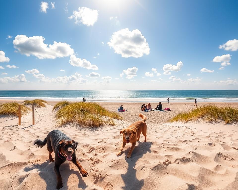 A picturesque beach scene at St. Peter-Ording, showcasing the best dog-friendly areas. In the foreground, a couple of happy dogs playing in the soft sand, with their owners nearby, enjoying the sun and fresh sea breeze. The middle ground features gently rolling dunes adorned with vibrant beach grasses and a few family picnics set out on colorful blankets. In the background, the expansive, serene North Sea glistens under a bright blue sky dotted with fluffy white clouds. The sunlight casts a warm, inviting glow, creating a cheerful atmosphere perfect for a family vacation. Capture the image with a wide-angle lens to emphasize the beach's vastness and lively interaction between dogs and their owners. Aim for a relaxed, joyful mood that embodies the spirit of a pet-friendly beach getaway.