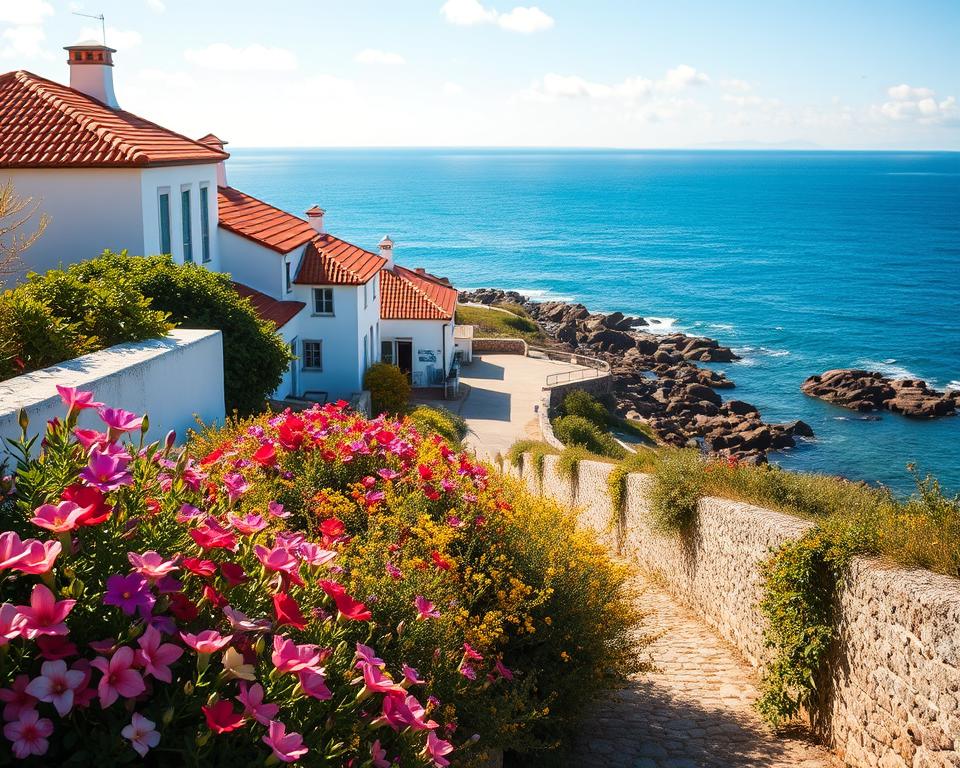 A picturesque coastal scene of Ferragudo, Portugal during the best travel season. In the foreground, vibrant, colorful flowers in full bloom flourish along a cobblestone path leading toward the shore. The middle ground reveals charming whitewashed houses with terracotta roofs, bathed in warm golden sunlight, casting delicate shadows. The background features a stunning view of the blue Atlantic Ocean gently lapping against the rocky shoreline, with a clear azure sky dotted with soft, fluffy clouds. The atmosphere is tranquil and inviting, capturing the essence of a perfect holiday getaway. The image is bright and airy, using a slight wide-angle lens effect to emphasize depth, with natural lighting highlighting the coastal beauty without any distractions. A picturesque coastal scene of Ferragudo, Portugal during the best travel season. In the foreground, vibrant, colorful flowers in full bloom flourish along a cobblestone path leading toward the shore. The middle ground reveals charming whitewashed houses with terracotta roofs, bathed in warm golden sunlight, casting delicate shadows. The background features a stunning view of the blue Atlantic Ocean gently lapping against the rocky shoreline, with a clear azure sky dotted with soft, fluffy clouds. The atmosphere is tranquil and inviting, capturing the essence of a perfect holiday getaway. The image is bright and airy, using a slight wide-angle lens effect to emphasize depth, with natural lighting highlighting the coastal beauty without any distractions.