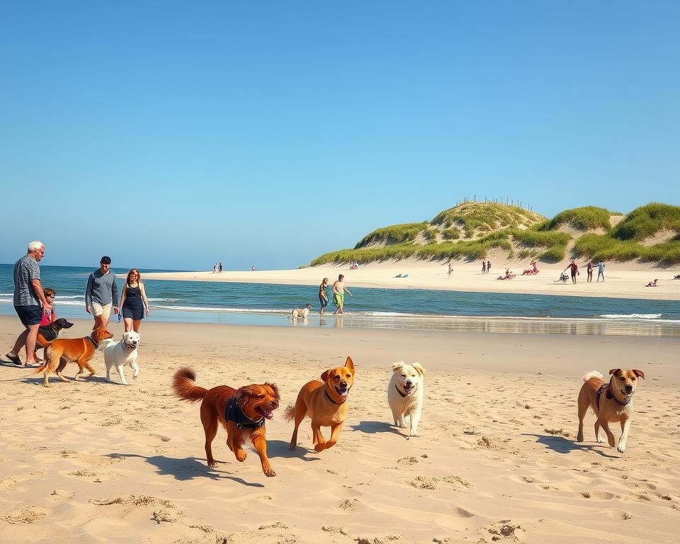 A picturesque dog-friendly beach scene in St. Peter-Ording, Germany, showcasing a clean and environmentally conscious atmosphere. In the foreground, happy dogs of various breeds play and run along the sandy shore, their owners watching nearby, dressed in casual outdoor attire. The middle ground features a gently lapping sea, with families enjoying the sunny day while adhering to cleanliness rules, such as using designated waste bins. In the background, lush dunes adorned with native grasses rise against a clear blue sky, with occasional beach umbrellas providing shade. The lighting is warm and inviting, capturing the serenity of a summer day. The overall mood is joyful and harmonious, highlighting the importance of cleanliness and nature protection at the beach.
