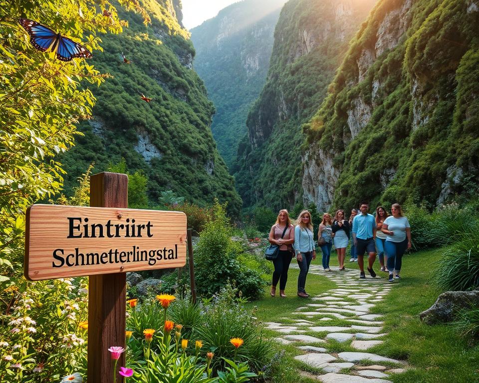 A picturesque entrance to the Butterfly Valley in Rhodes, showcasing a lush, green pathway adorned with vibrant butterflies fluttering around. In the foreground, a wooden signpost reading “Eintritt Schmetterlingstal,” surrounded by colorful wildflowers and gentle sunlight filtering through the trees. The middle ground features visitors observing the stunning scenery while walking down the path, dressed in casual, modest attire, with expressions of wonder and joy. In the background, towering cliffs draped in rich greenery rise up, with soft rays of sunlight illuminating the valley, creating a tranquil and enchanting atmosphere. The scene is captured with a warm, golden hour glow, using a wide-angle lens to enhance the expansive beauty of the valley. The overall mood is serene and inviting, perfect for experiencing the wonders of nature.