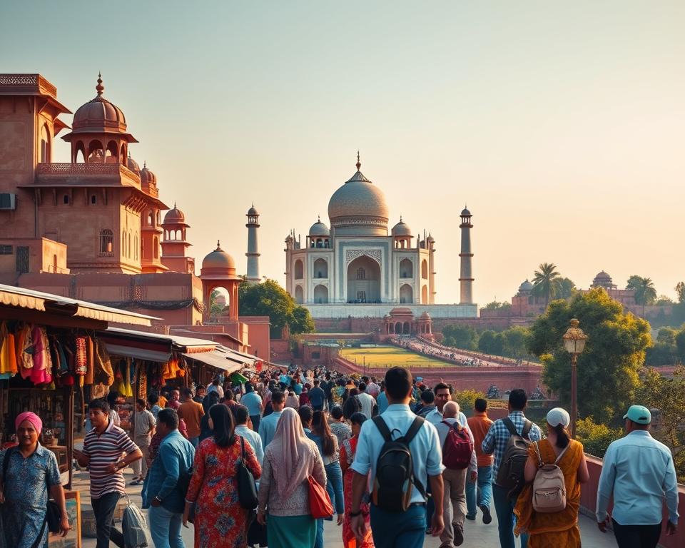 A picturesque landscape depicting the Golden Triangle of India, featuring iconic landmarks such as the Taj Mahal, Jaipur's Hawa Mahal, and Agra Fort. In the foreground, vibrant local markets with colorful textiles and intricate handicrafts are bustling with tourists in modest casual clothing, capturing the lively spirit of the region. The middle ground should showcase lush greenery and traditional Rajasthani architecture, with a clear blue sky above. In the background, the majestic silhouette of the Taj Mahal under soft golden hour lighting creates a warm and inviting atmosphere. Use a wide-angle lens to depict the expansive scenery, conveying a sense of adventure and exploration. Emphasize the natural beauty and cultural richness of the Golden Triangle, ensuring a serene yet vibrant mood throughout the scene.