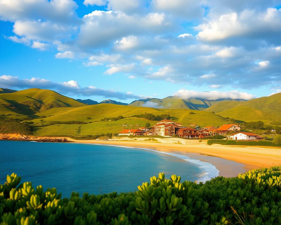 A picturesque landscape of Albania during its best travel season, showcasing vibrant green hills and a clear blue sky filled with soft, fluffy clouds. In the foreground, a serene beach with golden sand and gentle waves lapping at the shore, framed by lush coastal vegetation. In the middle ground, traditional Albanian homes with terracotta roofs nestled among rolling hills, reflecting the warm sunlight. The background features majestic mountains, partially shrouded in mist, suggesting a sense of adventure and exploration. The lighting should be golden hour, casting a warm and inviting glow over the scene. The overall mood is tranquil and inviting, highlighting the natural beauty and charm of Albania, perfect for travelers seeking a serene getaway. A picturesque landscape of Albania during its best travel season, showcasing vibrant green hills and a clear blue sky filled with soft, fluffy clouds. In the foreground, a serene beach with golden sand and gentle waves lapping at the shore, framed by lush coastal vegetation. In the middle ground, traditional Albanian homes with terracotta roofs nestled among rolling hills, reflecting the warm sunlight. The background features majestic mountains, partially shrouded in mist, suggesting a sense of adventure and exploration. The lighting should be golden hour, casting a warm and inviting glow over the scene. The overall mood is tranquil and inviting, highlighting the natural beauty and charm of Albania, perfect for travelers seeking a serene getaway.