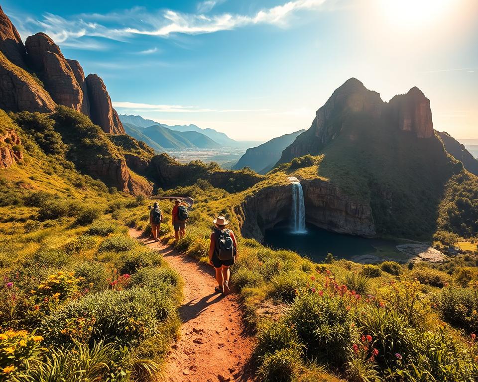 A picturesque landscape of Chapada Diamantina in Brazil, depicting lush green valleys and dramatic sandstone cliffs under a vibrant, sunny sky. In the foreground, a well-worn hiking trail winds through endemic vegetation, dotted with colorful wildflowers, suggesting adventure and exploration. In the middle ground, a group of modestly dressed travelers, equipped with hiking gear, pauses to admire a stunning waterfall cascading over rocky cliffs into a crystal-clear pool below. The background features majestic mountains rising against the horizon, their peaks kissed by soft, golden sunlight. The image is bathed in warm, inviting light, creating an atmosphere of serenity and excitement, ideal for travel planning and exploration themes.