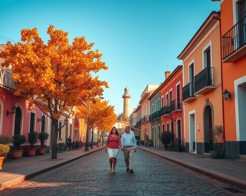 A picturesque landscape of Colonia del Sacramento, Uruguay, during the optimal travel season, showcasing vibrant autumn foliage in warm hues of orange and gold. In the foreground, a charming cobblestone street lined with quaint colonial buildings, their colorful facades illuminated by the soft golden hour light. In the middle ground, a couple dressed in light, casual clothing enjoys a leisurely stroll, embodying the relaxed atmosphere of the city. The background features the iconic lighthouse against a clear blue sky, adding depth to the scene. Use a wide-angle lens to capture the intimate details of the street while maintaining focus on the lighthouse. The mood is warm and inviting, evoking a sense of wanderlust and the joy of travel in this historic destination.