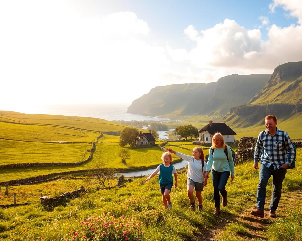 A picturesque landscape of Ireland featuring lush green hills, dotted with vibrant wildflowers and ancient stone walls. In the foreground, a cheerful family of four, dressed in casual, modest clothing, is exploring a scenic hiking trail, with a young child pointing excitedly towards the horizon. In the middle ground, a charming cottage with thatched roof is nestled among trees, and a winding river reflects the soft golden light of the morning sun. In the background, the majestic Cliffs of Moher rise dramatically against a bright blue sky with fluffy white clouds. The atmosphere is warm and inviting, evoking a sense of adventure and family bonding in a breathtaking natural setting.