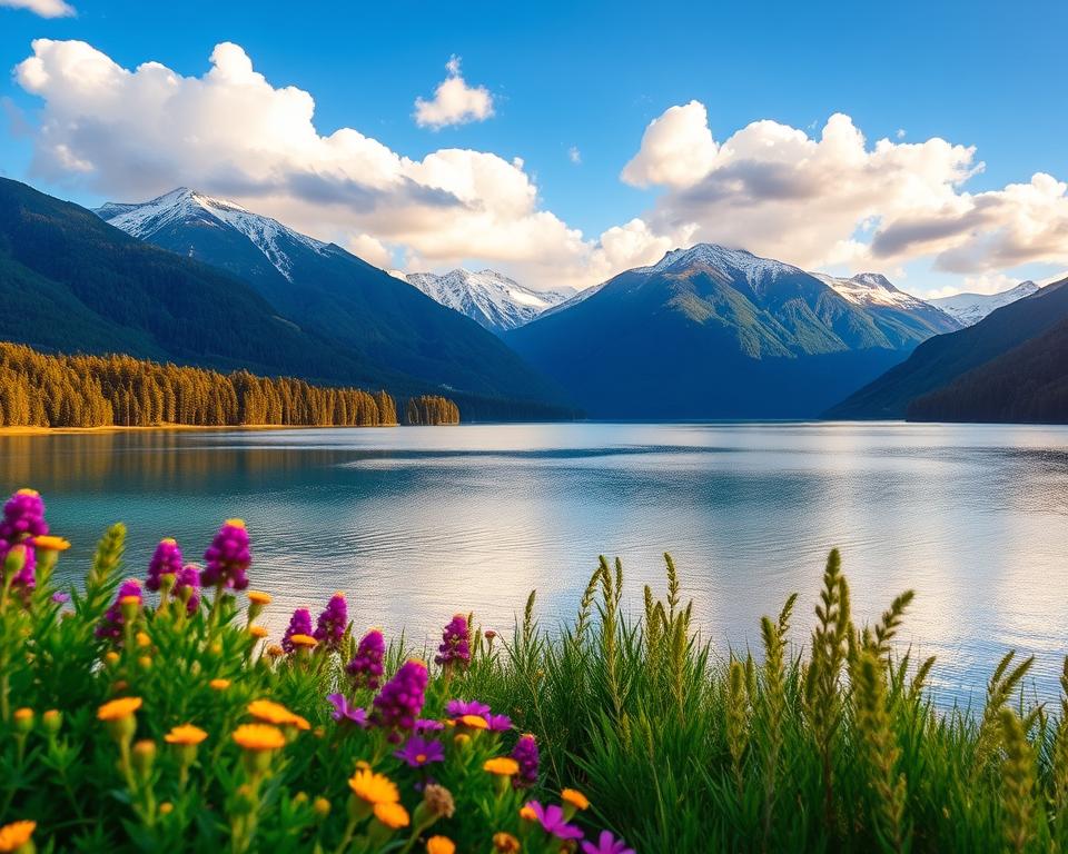 A picturesque landscape showcasing Nahuel Huapi Lake in Argentina during the prime travel season. In the foreground, vibrant wildflowers bloom along the shore, adding a splash of color. In the middle ground, the clear blue lake reflects the surrounding majestic Andes mountains, their peaks dusted with snow. Lush, green forests encapsulate the area, indicating the region’s natural beauty and serene atmosphere. The sky is a brilliant azure with fluffy, white clouds casting soft shadows on the water’s surface. The golden light of sunset bathes the scene, creating a warm and inviting mood. Capture the essence of tranquility and adventure, inviting travelers to experience the best time to explore this stunning destination. A picturesque landscape showcasing Nahuel Huapi Lake in Argentina during the prime travel season. In the foreground, vibrant wildflowers bloom along the shore, adding a splash of color. In the middle ground, the clear blue lake reflects the surrounding majestic Andes mountains, their peaks dusted with snow. Lush, green forests encapsulate the area, indicating the region’s natural beauty and serene atmosphere. The sky is a brilliant azure with fluffy, white clouds casting soft shadows on the water’s surface. The golden light of sunset bathes the scene, creating a warm and inviting mood. Capture the essence of tranquility and adventure, inviting travelers to experience the best time to explore this stunning destination.