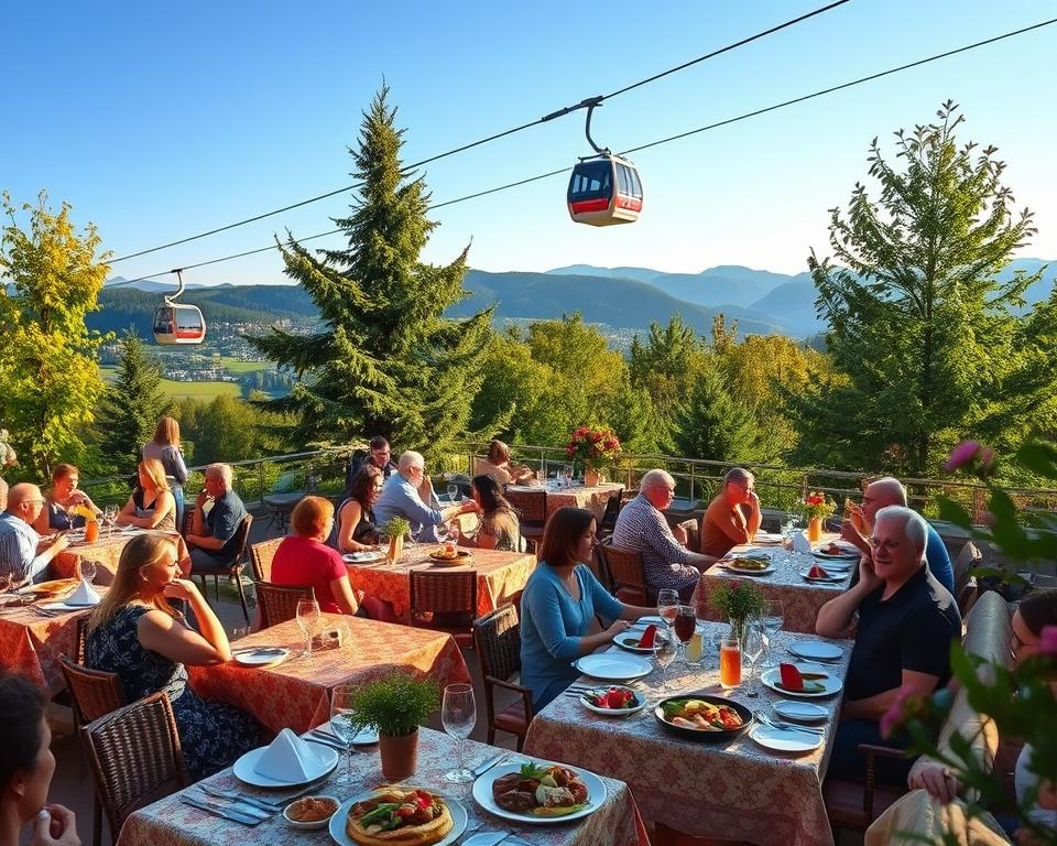 A picturesque mountain restaurant scene in Sommerberg, Bad Wildbad, showcasing a cozy outdoor terrace filled with people enjoying a meal. In the foreground, elegantly set tables with colorful tablecloths and delicious dishes, including local cuisine, desserts, and drinks. The middle ground captures the warm ambiance of diners interacting, framed by lush green trees and blooming flowers that represent summer. In the background, the scenic views of rolling hills and the Sommerbergbahn cable car gliding above create a sense of adventure. Soft, golden lighting of a late afternoon sun enhances the inviting mood. The image should feel vibrant, relaxed, and welcoming, ideal for a culinary experience in the mountains.