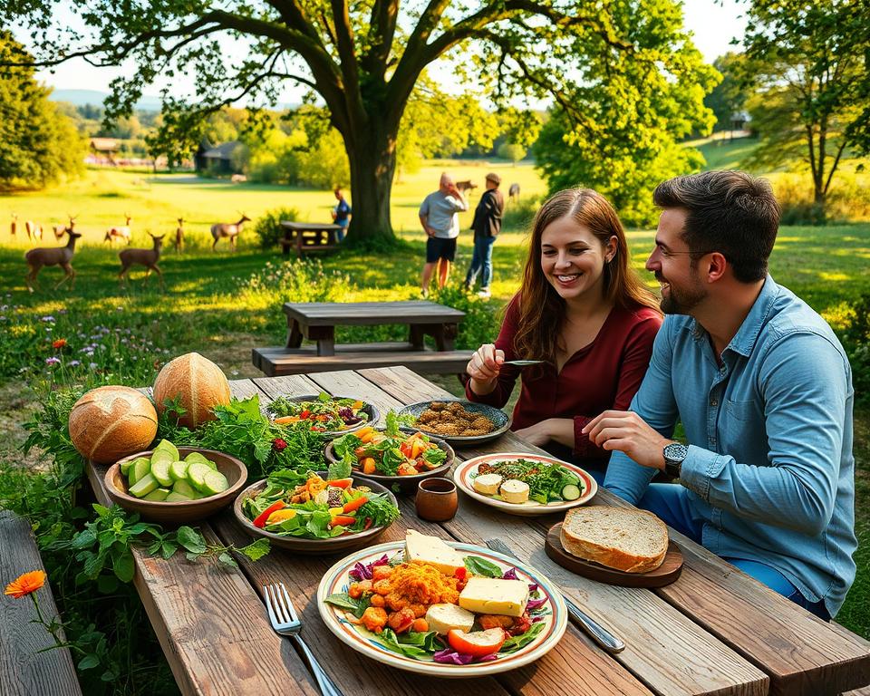 A picturesque outdoor dining area in the Wildtierpark Tripsdrill, showcasing a rustic wooden picnic table filled with vibrant, hearty dishes like fresh salad, local cheese, and artisan bread, surrounded by lush greenery and wildflowers. In the foreground, a couple in modest casual clothing is enjoying their meal, smiling and engaging in playful conversation. The middle ground features glimpses of park visitors observing wildlife, with animals like deer and birds visible. The background captures a serene landscape with shady trees and the park's natural beauty bathed in warm, golden sunlight, creating a welcoming atmosphere. The scene is shot from a slightly elevated angle to encompass both the dining area and the surrounding nature, evoking a sense of tranquility and connection to nature. A picturesque outdoor dining area in the Wildtierpark Tripsdrill, showcasing a rustic wooden picnic table filled with vibrant, hearty dishes like fresh salad, local cheese, and artisan bread, surrounded by lush greenery and wildflowers. In the foreground, a couple in modest casual clothing is enjoying their meal, smiling and engaging in playful conversation. The middle ground features glimpses of park visitors observing wildlife, with animals like deer and birds visible. The background captures a serene landscape with shady trees and the park's natural beauty bathed in warm, golden sunlight, creating a welcoming atmosphere. The scene is shot from a slightly elevated angle to encompass both the dining area and the surrounding nature, evoking a sense of tranquility and connection to nature.