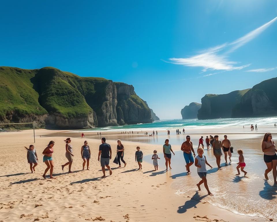 A picturesque scene at Praia da Falesia beach in Portugal, capturing the vibrant atmosphere of beach activities. In the foreground, a diverse group of people dressed in modest casual clothing joyfully engage in beach sports like volleyball and frisbee. In the middle ground, families are seen walking along the sandy shore, with children splashing in the shoreline waves. The background features stunning cliffs covered in lush greenery, blending into a bright blue sky where a few wispy clouds drift. The sun casts a warm golden light, creating a relaxed and inviting mood. The scene is framed with a slight wide-angle lens, emphasizing the expansive beach and lively activity.