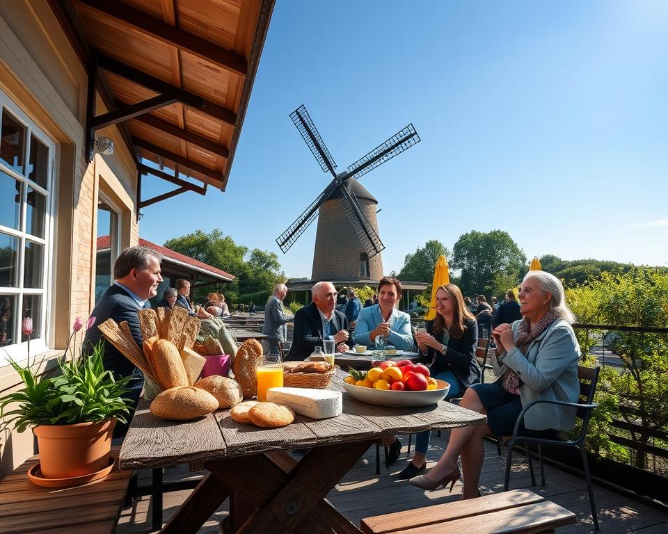 A picturesque scene at the Gastronomie Mühlenmuseum Gifhorn, showcasing a charming outdoor café setting under bright, welcoming sunlight. In the foreground, a rustic wooden table is adorned with local delicacies like artisanal breads, cheeses, and seasonal fruits, inviting guests to indulge. Flanking the table are vibrant flowerpots adding a splash of color. In the middle ground, museum patrons in professional business attire enjoy their meals, laughing and sharing stories, creating a warm and inviting atmosphere. The iconic windmill from the museum rises majestically in the background, surrounded by lush greenery and a clear blue sky. The composition captures a cheerful mood, emphasizing a sense of community and appreciation for local gastronomy. The lighting is soft and natural, casting gentle shadows that enhance the inviting ambiance.