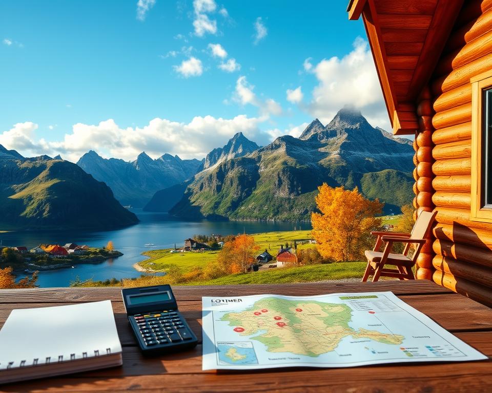 A picturesque scene capturing a travel budget overview for the Lofoten Islands, featuring a cozy wooden cabin set amidst dramatic mountains and fjords, symbolizing seasonal travel expenses. In the foreground, a neatly arranged table displays travel essentials like a notepad, calculator, and a scenic map of Lofoten, suggesting meticulous planning. The middle ground showcases lush green landscapes under the bright sunlight of summer, transitioning to vibrant autumn foliage. The background features jagged peaks framed by a clear blue sky with fluffy clouds, evoking a sense of adventure. The lighting is warm and inviting, suggesting the best times to visit for budget-conscious travelers. The image is composed with a slightly elevated angle, enhancing the beauty of the natural landscape. The atmosphere is inspiring and serene, drawing the viewer into the scenic beauty of Lofoten.
