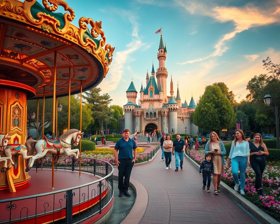 A picturesque scene capturing the enchanting beauty of Disneyland Paris, focusing on iconic attractions and stunning backdrops perfect for photography. In the foreground, a vibrant carousel spins, adorned with intricately designed horses and colorful lights. The middle ground features the majestic Sleeping Beauty Castle, its turrets glimmering in the soft golden light of sunset. Surrounding pathways are dotted with blooming flowers and cheerful visitors clad in casual, modest attire, capturing joyful memories. The background includes lush greenery and a clear blue sky streaked with warm hues, enhancing the magical atmosphere. The lighting is warm and inviting, and the viewpoint is slightly elevated to encompass both the details of the attractions and the spirit of the park.