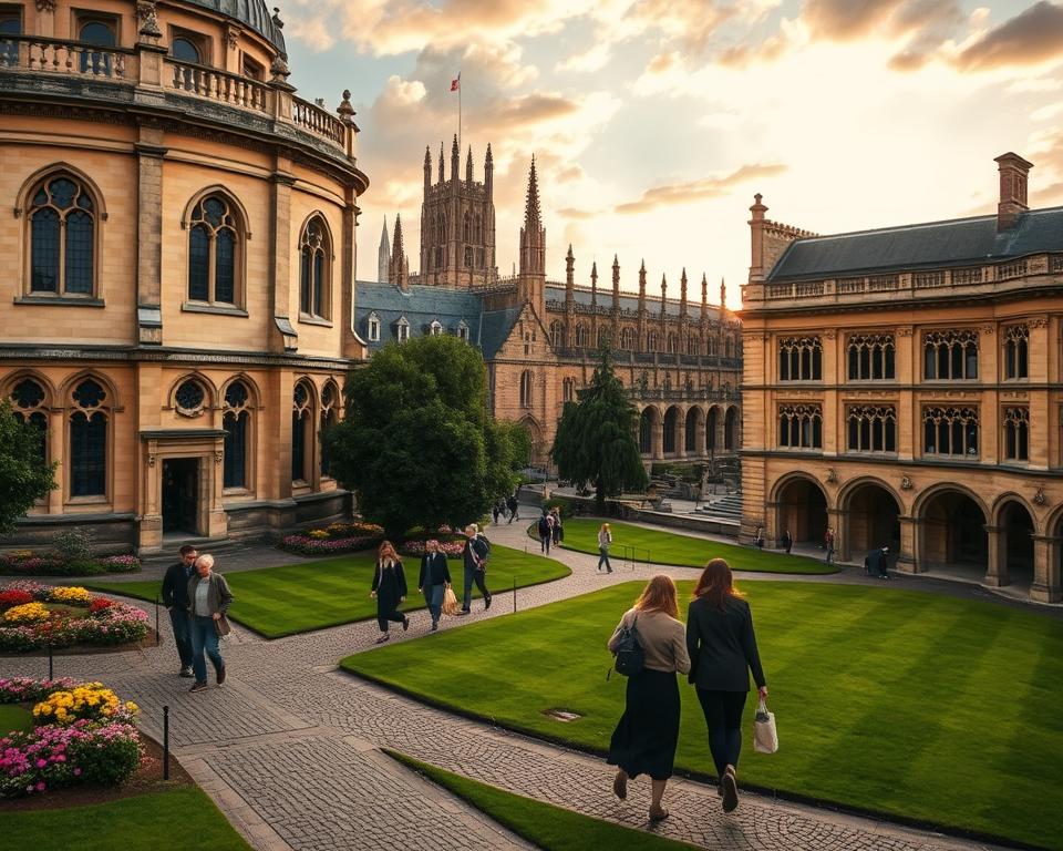 A picturesque scene capturing the enchanting essence of Oxford's Harry Potter filming locations, featuring the iconic Radcliffe Camera and the stunning Bodleian Library in the foreground. Lush green lawns dotted with vibrant flowers invite viewers in, while students in modest college attire walk along cobblestone pathways. In the middle ground, the intricate architecture of the colleges, with towering spires and arched doorways, hints at the magical atmosphere of Hogwarts. The background showcases an ethereal evening sky, with the warm glow of sunset casting soft, golden light on the ancient stone buildings. The mood is whimsical and nostalgic, evoking a sense of wonder reminiscent of the beloved wizarding world. The composition should be framed from a slightly elevated angle, providing a sweeping view of this enchanting academic landscape.