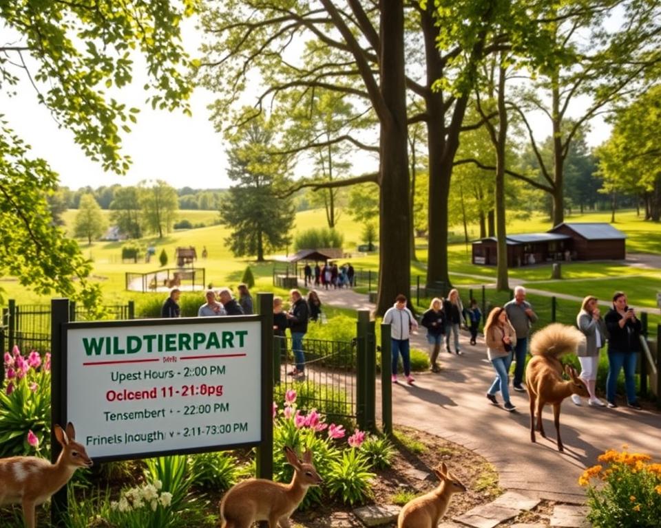 A picturesque scene capturing the entrance of Wildtierpark Tripsdrill, surrounded by lush greenery and vibrant flowers. In the foreground, a well-organized sign displaying the park's opening hours and seasonal timing, surrounded by friendly wildlife, like deer and rabbits. The middle ground features visitors enjoying the park, some taking photos and others walking along well-maintained paths, dressed in casual but modest attire. The background reveals the park's main attractions, including animal enclosures nestled among tall trees and rolling hills. The lighting is soft and warm, suggesting a late afternoon glow, with dappled sunlight filtering through the leaves. The overall mood is inviting and cheerful, reflecting a connection with nature, ideal for family outings and wildlife enthusiasts. A picturesque scene capturing the entrance of Wildtierpark Tripsdrill, surrounded by lush greenery and vibrant flowers. In the foreground, a well-organized sign displaying the park's opening hours and seasonal timing, surrounded by friendly wildlife, like deer and rabbits. The middle ground features visitors enjoying the park, some taking photos and others walking along well-maintained paths, dressed in casual but modest attire. The background reveals the park's main attractions, including animal enclosures nestled among tall trees and rolling hills. The lighting is soft and warm, suggesting a late afternoon glow, with dappled sunlight filtering through the leaves. The overall mood is inviting and cheerful, reflecting a connection with nature, ideal for family outings and wildlife enthusiasts.