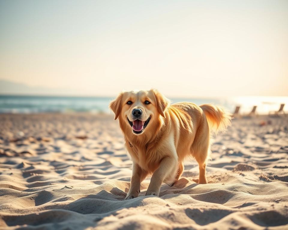 A picturesque scene capturing the essence of a joyful vacation with a dog in St. Peter-Ording. In the foreground, a friendly golden retriever happily playing in soft beach sand, its fur glistening in the sunlight. The middle ground features a scenic view of the St. Peter-Ording beach, with gentle waves lapping at the shore and iconic beach chairs dotting the landscape. In the background, a clear blue sky transitions to soft pastel hues, reflecting a serene sunset. The atmosphere is warm and inviting, evoking feelings of love and companionship. The scene is lit with golden hour sunlight, casting soft shadows and enhancing the tranquil yet vibrant mood. The image composition focuses on the dog, ensuring an intimate pet-owner bond, free of any distractions.