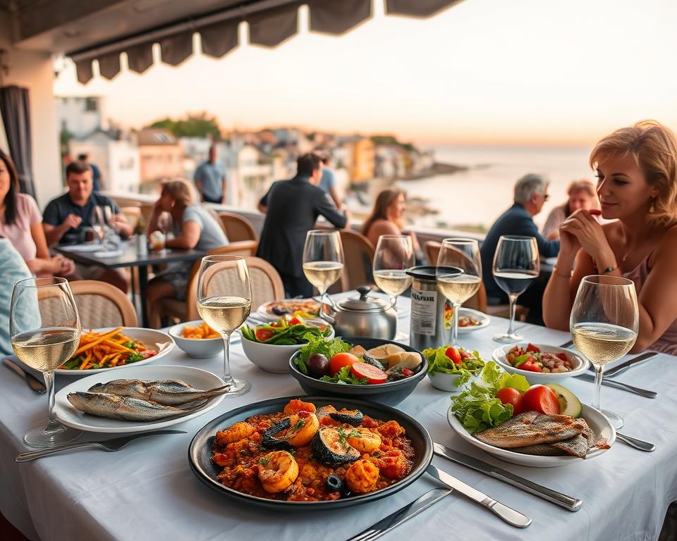 A picturesque scene capturing the essence of dining in Ferragudo, Portugal. In the foreground, a beautifully set table adorned with traditional Portuguese dishes — vibrant seafood paella, fresh grilled sardines, and colorful salads — alongside glasses of aromatic local wine. In the middle, a charming café with patrons enjoying their meals, some engaged in lively conversation, while others savor the ambiance, dressed in casual yet stylish clothing. In the background, the striking views of Ferragudo’s iconic whitewashed buildings and a dramatic coastline under a warm, golden sunset. The soft, diffused lighting creates an inviting atmosphere, evoking a sense of warmth and community, and the lens captures the scene from a slightly elevated angle, showcasing both the table and the breathtaking surroundings. A picturesque scene capturing the essence of dining in Ferragudo, Portugal. In the foreground, a beautifully set table adorned with traditional Portuguese dishes — vibrant seafood paella, fresh grilled sardines, and colorful salads — alongside glasses of aromatic local wine. In the middle, a charming café with patrons enjoying their meals, some engaged in lively conversation, while others savor the ambiance, dressed in casual yet stylish clothing. In the background, the striking views of Ferragudo’s iconic whitewashed buildings and a dramatic coastline under a warm, golden sunset. The soft, diffused lighting creates an inviting atmosphere, evoking a sense of warmth and community, and the lens captures the scene from a slightly elevated angle, showcasing both the table and the breathtaking surroundings.