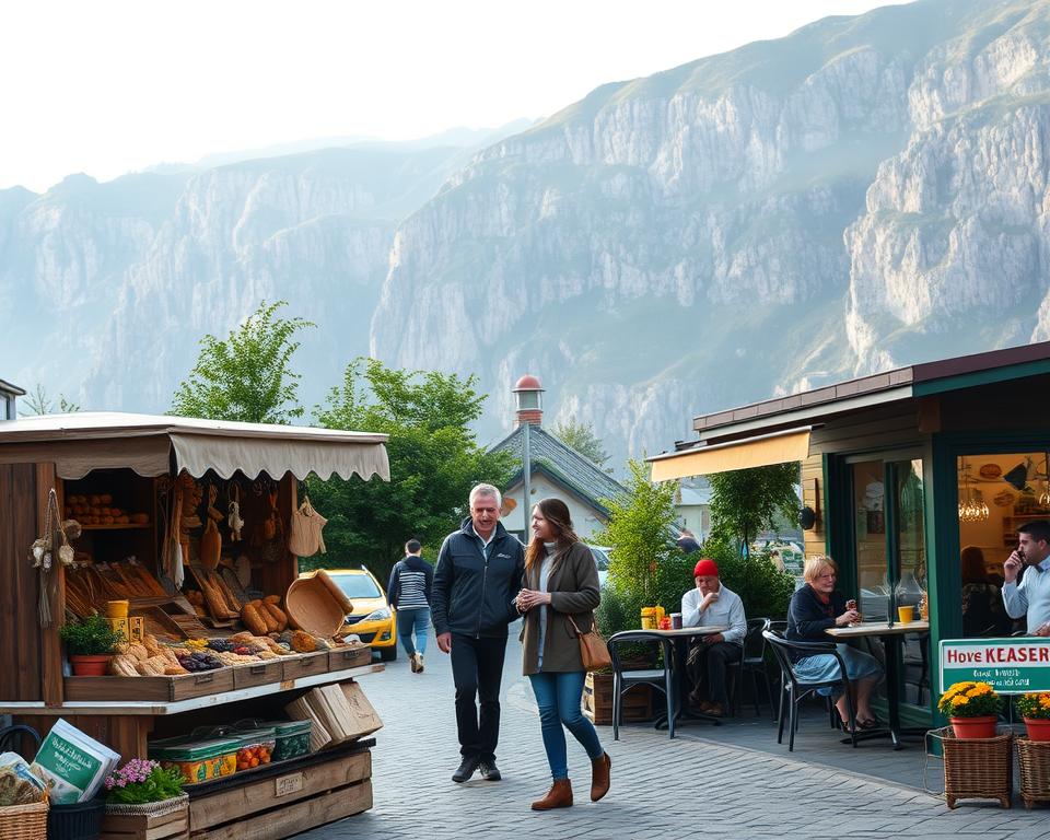 A picturesque scene capturing the essence of "einkaufen Höga Kusten" with a tranquil atmosphere. In the foreground, a small, rustic market stall showcases an array of local produce, artisanal bread, and handmade crafts, inviting and colorful. Nearby, a couple dressed in modest casual clothing peruses the selections, their expressions a mix of curiosity and delight. The middle ground features a charming café with outdoor seating, where visitors enjoy steaming cups of coffee and freshly baked goods against the backdrop of lush greenery. In the background, the breathtaking cliffs of Höga Kusten rise majestically, illuminated by soft morning light that casts gentle shadows, creating a serene and inviting mood. The composition is framed with a slight upward angle to emphasize the grandeur of nature alongside the warmth of the local shopping experience.