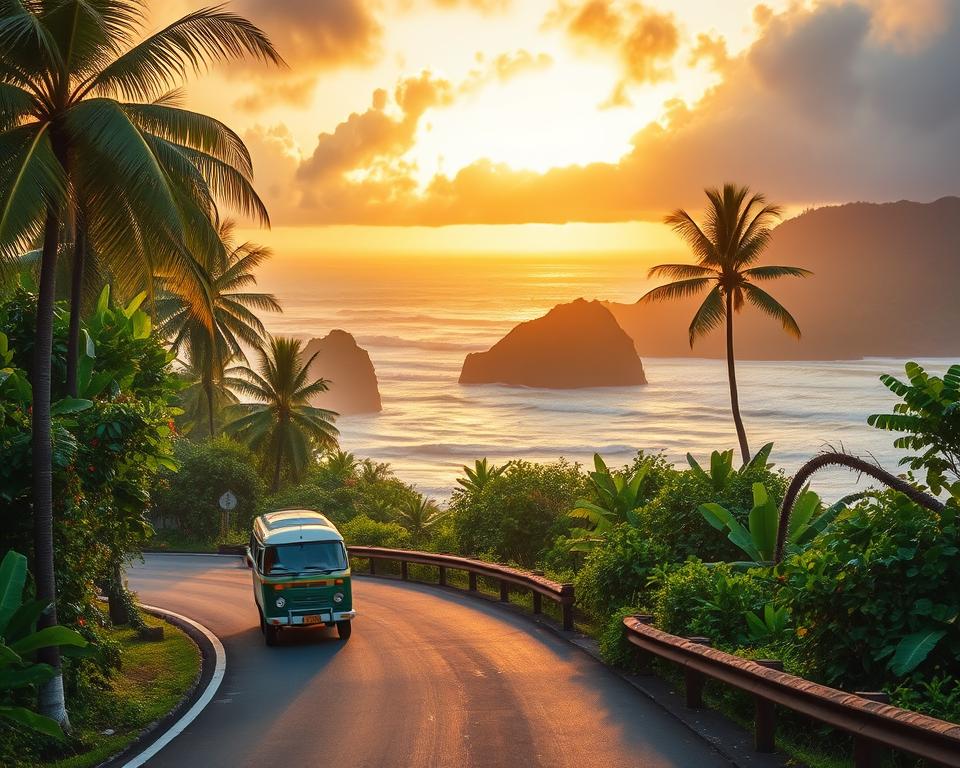 A picturesque scene capturing the journey to Montezuma, Costa Rica. In the foreground, a vibrant, winding road flanked by lush tropical vegetation and palm trees leads to the coastal town. A small, colorful van or bus travels along the road, symbolizing the adventure of arriving in paradise. In the middle ground, glimpses of dramatic cliffs and sparkling ocean waves can be seen, with surfers catching waves in the background. The sky overhead is painted with warm, golden hues of a sunset, casting a magical light over the landscape, evoking a sense of tranquility and excitement. The atmosphere is warm and inviting, with a feeling of adventure in the air. Use a wide-angle lens to capture the expansive beauty of the scenery.