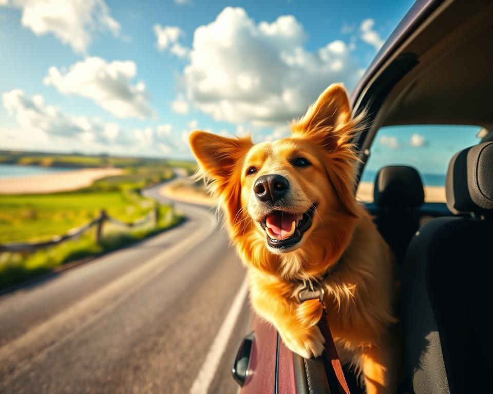 A picturesque scene capturing the journey to St. Peter-Ording with a cheerful dog on a sunny day. In the foreground, a medium-sized golden retriever joyfully peeks out of a car window, its ears flapping in the breeze. The middle ground features a winding road lined with lush green fields and picturesque coastal landscapes, hinting at the beach destination ahead. In the background, fluffy white clouds drift across a bright blue sky, with a glimpse of the sandy beach and dunes of St. Peter-Ording visible at a distance. The lighting is warm and inviting, creating a cheerful mood. The image is taken from a low angle, emphasizing the dog's excitement for the adventure ahead, encapsulating the spirit of a road trip with a pet.