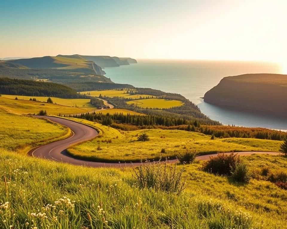 A picturesque scene capturing the journey to the Bay of Fundy in Canada. In the foreground, a winding road gently curves through lush green fields, dotted with wildflowers. Mid-ground features a scenic vista of rolling hills leading to the bay, with vibrant coastal forests. In the background, the majestic cliffs and vast waters of the Bay of Fundy shine under a clear blue sky, reflecting soft sunlight. The atmosphere is tranquil and inviting, evoking a sense of adventure and wonder. Use a wide-angle lens to capture the expansive landscape, with warm, natural lighting to enhance the beauty of the scenery. The overall mood is serene and encouraging for exploration, perfect for illustrating the anticipation of reaching this stunning destination. A picturesque scene capturing the journey to the Bay of Fundy in Canada. In the foreground, a winding road gently curves through lush green fields, dotted with wildflowers. Mid-ground features a scenic vista of rolling hills leading to the bay, with vibrant coastal forests. In the background, the majestic cliffs and vast waters of the Bay of Fundy shine under a clear blue sky, reflecting soft sunlight. The atmosphere is tranquil and inviting, evoking a sense of adventure and wonder. Use a wide-angle lens to capture the expansive landscape, with warm, natural lighting to enhance the beauty of the scenery. The overall mood is serene and encouraging for exploration, perfect for illustrating the anticipation of reaching this stunning destination.