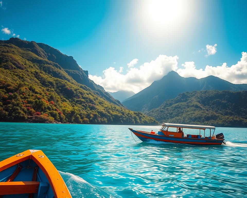 A picturesque scene capturing the journey to the island of Flores, Indonesia. In the foreground, a traditional Indonesian boat with a vibrant blue and orange color scheme navigates through crystal-clear turquoise waters, leaving a gentle wake. In the middle ground, lush green hills rise steeply, dotted with colorful blooms and local foliage, showcasing the island's natural beauty. The background features dramatic volcanic mountains under a bright, clear sky, with soft, fluffy clouds scattered across the horizon. The lighting is warm and inviting, simulating a late afternoon sun casting long shadows and enhancing the vibrant colors of the landscape. The overall mood is tranquil and adventurous, inviting viewers to imagine the excitement of reaching this stunning tropical destination. No text or marks in the image.