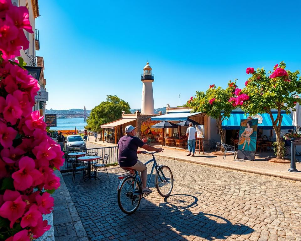 A picturesque scene capturing the vibrant activities in Colonia del Sacramento, Uruguay. In the foreground, a couple enjoys a leisurely bicycle ride along a cobblestone street, adorned with blooming bougainvillea. In the middle ground, small cafes with colorful outdoor seating invite locals and tourists alike, while a street artist paints a lively mural, showcasing the culture. In the background, the iconic lighthouse and the serene riverside add to the landscape under a clear blue sky. Soft morning light casts gentle shadows, creating a warm atmosphere. The angle should be slightly elevated, giving a sense of depth to the scene while maintaining focus on the lively interactions and cultural richness of Colonia.