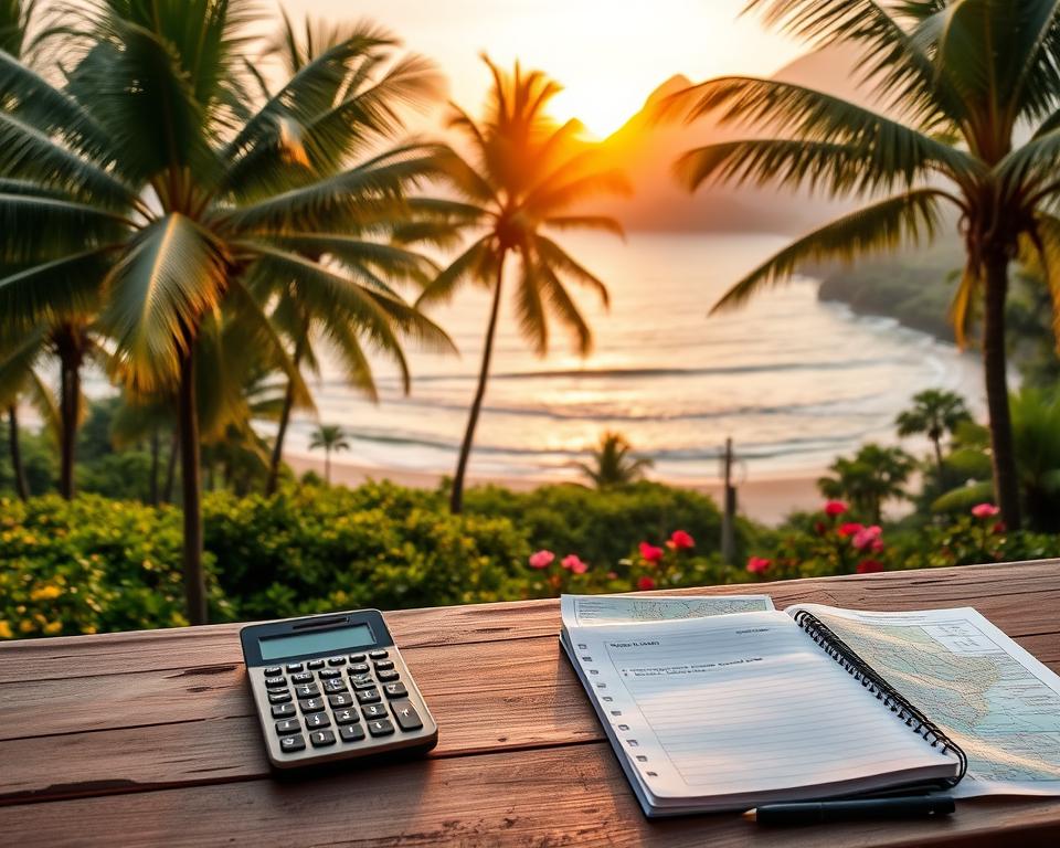 A picturesque scene depicting a budget planning scenario set in Parque Nacional Natural Tayrona. In the foreground, a simple wooden table is covered with travel essentials like a calculator, maps, and a notebook with financial notes. The middle features a lush green landscape with towering palms and colorful tropical flowers, suggesting a vibrant and inviting atmosphere. In the background, the sun is setting, casting a golden hue over the serene beach and the magnificent mountains of Tayrona. The lighting is warm and soft, enhancing the peaceful mood. Capture this scene from a slightly elevated angle, inviting viewers into the planning process, reflecting a harmonious balance between nature and travel preparation.
