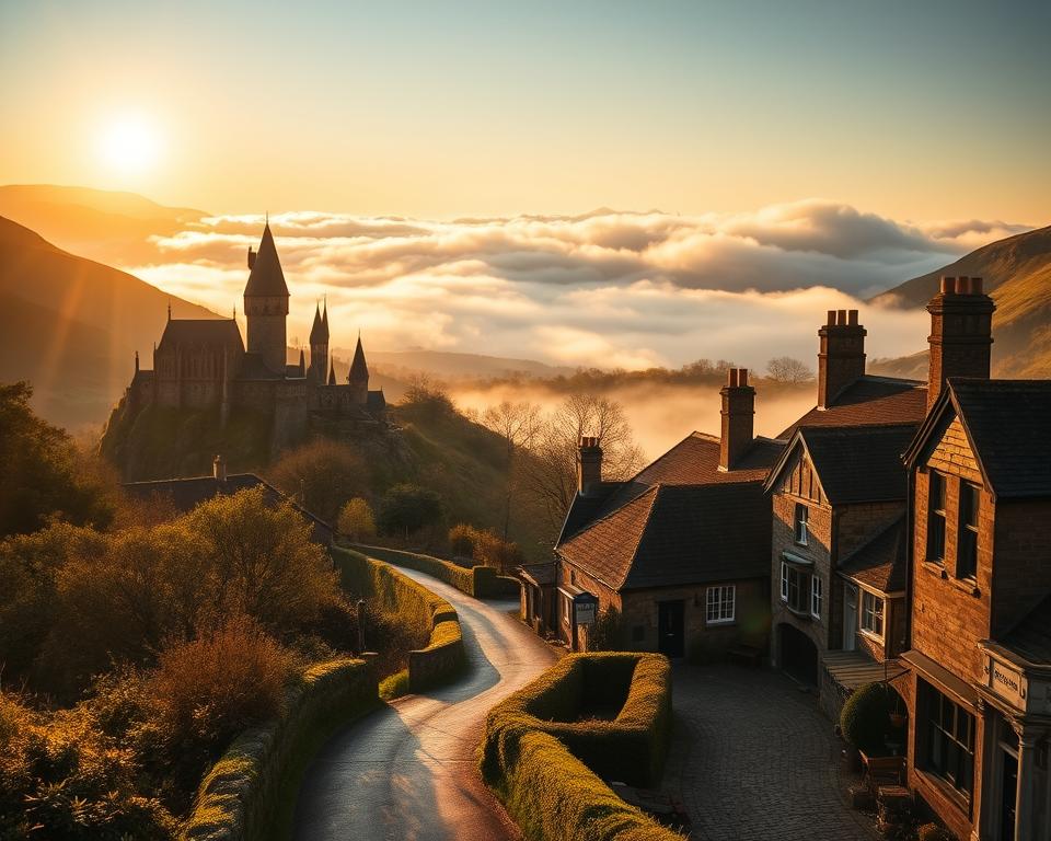 A picturesque scene depicting the best travel time in Britain, focusing on iconic Harry Potter filming locations. In the foreground, a scenic view of Hogwarts Castle nestled atop a hill, framed by the lush greenery of the Scottish Highlands. The middle ground features a winding path, leading to a quaint village reminiscent of Hogsmeade, with cobblestone streets and charming, centuries-old cottages. In the background, soft, rolling mist envelops the environment, hinting at the magical atmosphere of the series. The scene is bathed in warm golden sunlight during the golden hour, casting long shadows and creating a serene mood. The camera angle is from slightly above, giving a broad perspective of the landscape. The overall ambiance is enchanting and inviting, encouraging viewers to embrace their journey through these magical locales.