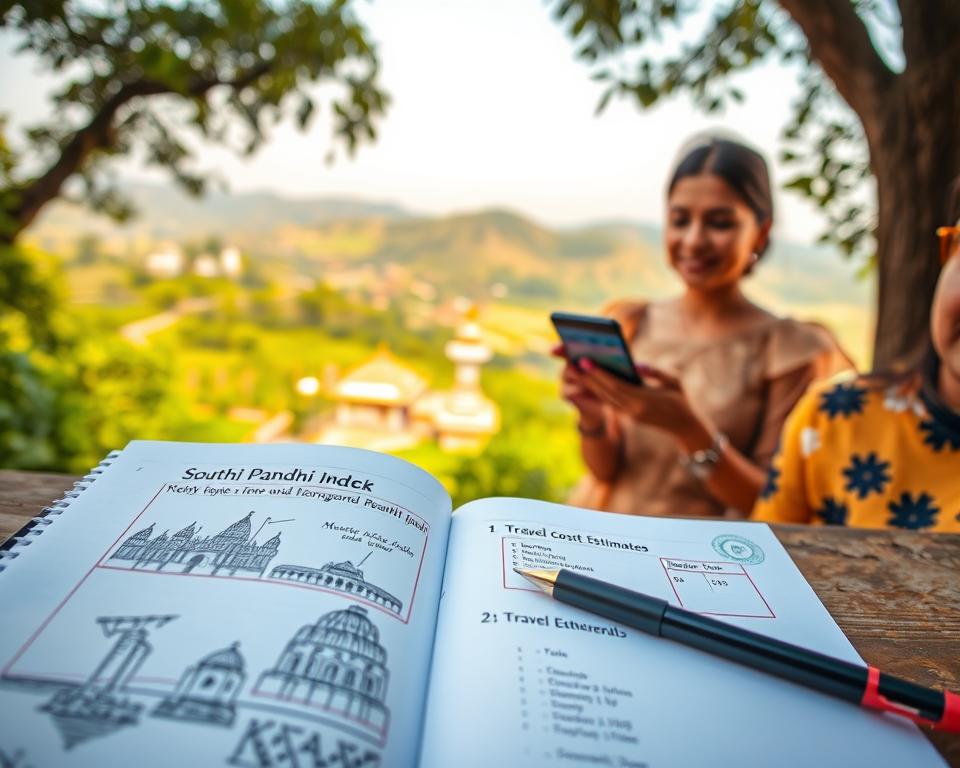 A picturesque scene depicting the essence of a South India round trip budget. In the foreground, a detailed travel planner notebook lies open with a pen, featuring sketches of iconic landmarks like the Meenakshi Temple and lush green landscapes. In the middle ground, a couple dressed in modest casual clothing examines a smartphone displaying travel cost estimates and itineraries, their expressions reflecting curiosity and anticipation. The background showcases a panoramic view of a vibrant South Indian landscape, with a blend of spice plantations, rolling hills, and traditional architecture under a warm, golden hour light. The atmosphere is inspiring and ready for adventure, inviting viewers to imagine their own journey through South India. Natural lighting enhances the scene's warmth, captured with a slightly tilted angle to add depth.