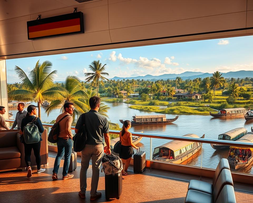 A picturesque scene depicting the journey from Germany to Kerala, India, featuring a cozy airport departure lounge in the foreground with travelers dressed in smart casual attire, preparing for their journey. In the middle ground, a panoramic view showcases iconic imagery of Kerala: lush green palm trees, tranquil backwaters with traditional houseboats gliding gently, and vibrant markets filled with local crafts. The background captures the essence of Kerala’s landscape with distant hills under a bright blue sky, creating a serene yet lively atmosphere. The lighting is warm and inviting, simulating a golden hour glow, with the composition taken from a slightly elevated angle to emphasize the scenic route and cultural richness of Kerala. The mood is enthusiastic and adventurous, perfect for illustrating the excitement of travel.