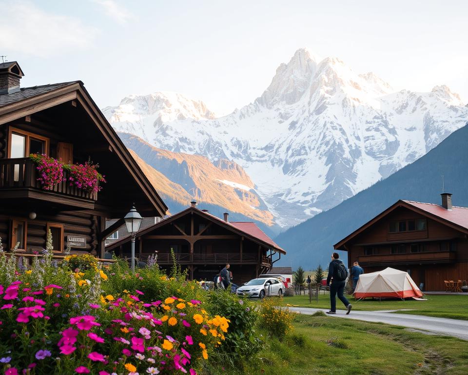 A picturesque scene depicting various accommodations along the Tour du Mont Blanc, featuring a charming alpine hut and a welcoming gîte nestled among vibrant wildflowers in the foreground. In the middle ground, a cozy hotel exudes warmth with wooden balconies adorned with blooming plants, while a rustic campsite with tents is subtly integrated. The majestic Mont Blanc mountain range towers in the background, its snow-capped peaks glowing in the soft, golden light of the late afternoon sun. The atmosphere is serene and inviting, capturing the essence of adventure in the great outdoors. Use a wide-angle lens to encompass the expansive landscape, with a focus on the rich textures of the natural elements, creating a harmonious and peaceful ambiance.