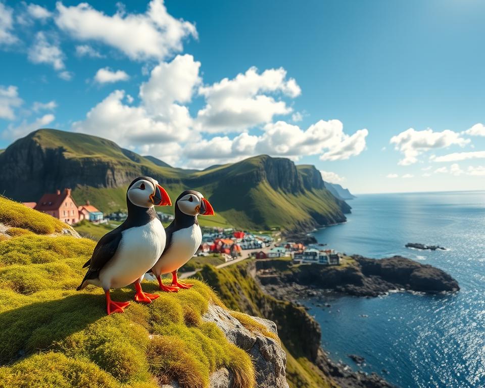 A picturesque scene designed for a travel article on puffin tours in Iceland. In the foreground, a couple of colorful puffins, with their distinctive orange beaks, are perched on a rocky ledge covered in lush green moss. The middle ground features an idyllic coastal town with quaint, colorful houses, hinting at the adventure of puffin watching. The background showcases dramatic cliffs rising steeply from the ocean, under a clear blue sky with scattered fluffy clouds, reflecting the natural beauty of Iceland. The lighting is bright and sunny, casting soft shadows, creating a warm and inviting atmosphere. The image is framed with a wide-angle lens, capturing the majestic scenery while keeping the focus on the vibrant puffins, evoking excitement for a unique wildlife experience.