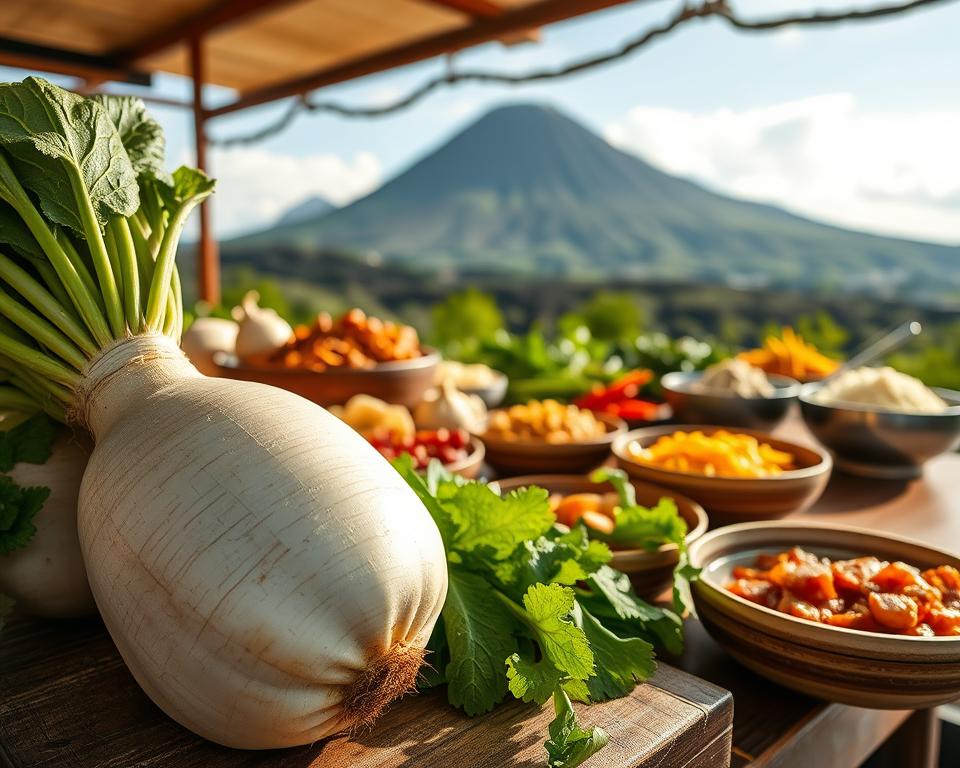 A picturesque scene featuring Sakurajima Daikon, a renowned Japanese radish, freshly harvested and presented prominently in the foreground. The daikon should be large, with its characteristic white skin and green leaves still attached. In the middle ground, a rustic wooden table set against the backdrop of the Sakurajima volcano, showcasing an array of local dishes made with daikon, such as pickles and stews. The background reveals the lush volcanic landscape under soft, natural lighting that highlights the texture of the produce. The atmosphere should feel warm and inviting, inspired by a traditional Japanese market. Capture the image at a slight angle, emphasizing the vibrant colors and organic details, creating an engaging focal point on the daikon and its culinary significance.