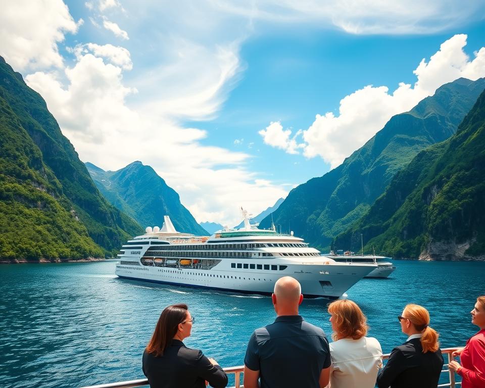 A picturesque scene featuring a Norwegian fjord cruise, showcasing a majestic cruise ship gliding through tranquil, deep blue waters surrounded by towering green cliffs. In the foreground, a small group of people in professional attire admires the breathtaking landscape, their expressions reflecting awe and excitement. In the middle ground, the cruise ship, elegantly designed, can be seen with various deck levels and glass balconies. The background displays dramatic mountain peaks under a clear, vibrant blue sky with soft, white clouds drifting lazily. The lighting is bright and natural, creating a warm and inviting atmosphere. The camera angle is slightly elevated, capturing both the ship and surrounding fjord scenery, conveying a sense of adventure and discovery. A picturesque scene featuring a Norwegian fjord cruise, showcasing a majestic cruise ship gliding through tranquil, deep blue waters surrounded by towering green cliffs. In the foreground, a small group of people in professional attire admires the breathtaking landscape, their expressions reflecting awe and excitement. In the middle ground, the cruise ship, elegantly designed, can be seen with various deck levels and glass balconies. The background displays dramatic mountain peaks under a clear, vibrant blue sky with soft, white clouds drifting lazily. The lighting is bright and natural, creating a warm and inviting atmosphere. The camera angle is slightly elevated, capturing both the ship and surrounding fjord scenery, conveying a sense of adventure and discovery.