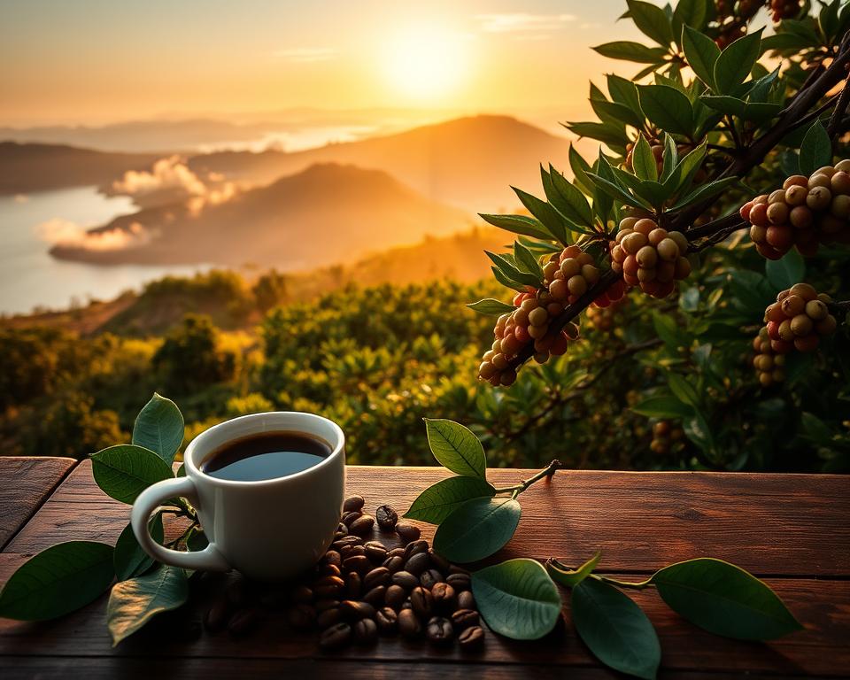 A picturesque scene highlighting the health benefits of Tobasee Sumatra coffee. In the foreground, a cup of steaming coffee sits on a wooden table, surrounded by fresh coffee beans and green leaves, symbolizing vitality. In the middle, a vibrant display of traditional Sumatra coffee plants with ripe cherries, showcasing their rich, lush green foliage. The background reveals the serene landscape of Lake Toba, with rolling hills and mist rising from the water under a golden sunrise, casting warm, soft lighting across the scene. The mood is tranquil and refreshing, evoking a sense of well-being and connection to nature. The angle is a slightly elevated perspective, inviting viewers to feel as though they are part of this beautiful setting, immersed in the healthful essence of the region. A picturesque scene highlighting the health benefits of Tobasee Sumatra coffee. In the foreground, a cup of steaming coffee sits on a wooden table, surrounded by fresh coffee beans and green leaves, symbolizing vitality. In the middle, a vibrant display of traditional Sumatra coffee plants with ripe cherries, showcasing their rich, lush green foliage. The background reveals the serene landscape of Lake Toba, with rolling hills and mist rising from the water under a golden sunrise, casting warm, soft lighting across the scene. The mood is tranquil and refreshing, evoking a sense of well-being and connection to nature. The angle is a slightly elevated perspective, inviting viewers to feel as though they are part of this beautiful setting, immersed in the healthful essence of the region.