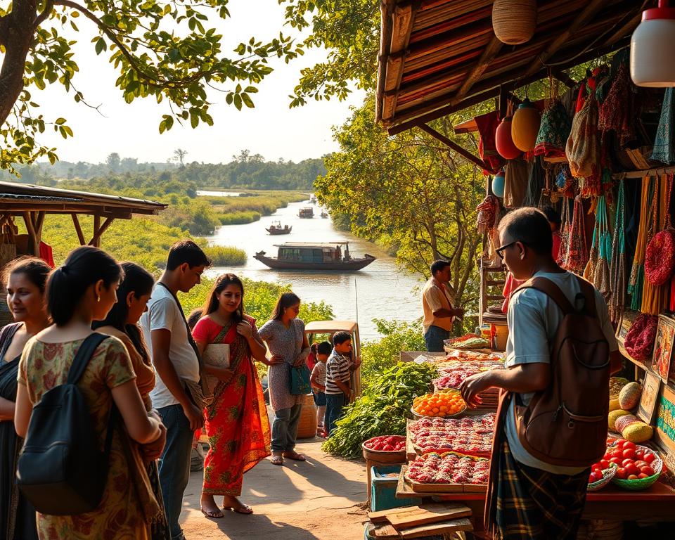 A picturesque scene illustrating a bustling Sundarbans market in India, with vivid stalls showcasing fresh produce and local crafts. In the foreground, a diverse group of travelers, dressed in modest casual clothing, examines colorful handicrafts and engages with friendly local vendors. The middle ground features lush greenery typical of the Sundarbans, including mangrove trees and vibrant flora, with the meandering waterways shimmering under the golden sunlight. In the background, a serene view of traditional boats gliding through the water, framed by the dense jungle and distant hills. The scene captures the lively atmosphere and cultural richness of the area, emphasizing the adventurous spirit and affordability of exploring the Sundarbans. The lighting is warm and inviting, creating a joyful and engaging environment.