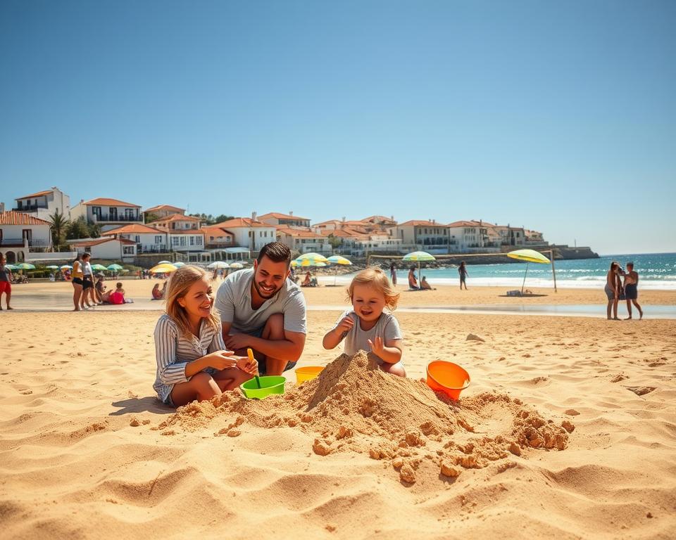 A picturesque scene in Ferragudo, Portugal, featuring a warm, sunlit family-friendly beach. In the foreground, two smiling children play in the soft golden sand, building a sandcastle with colorful buckets and shovels. Their parents, dressed in modest casual clothing, observe nearby, sharing happy laughter. The middle ground reveals vibrant beach umbrellas and a few families enjoying leisurely activities, like beach volleyball and picnics. In the background, the charming houses of Ferragudo, with their whitewashed walls and terracotta roofs, rise against a clear blue sky, with the sparkling Atlantic Ocean gently lapping at the shore. The mood is joyful and relaxing, with soft, golden hour lighting giving a warm glow to the scene. A wide-angle perspective captures the vibrant atmosphere. A picturesque scene in Ferragudo, Portugal, featuring a warm, sunlit family-friendly beach. In the foreground, two smiling children play in the soft golden sand, building a sandcastle with colorful buckets and shovels. Their parents, dressed in modest casual clothing, observe nearby, sharing happy laughter. The middle ground reveals vibrant beach umbrellas and a few families enjoying leisurely activities, like beach volleyball and picnics. In the background, the charming houses of Ferragudo, with their whitewashed walls and terracotta roofs, rise against a clear blue sky, with the sparkling Atlantic Ocean gently lapping at the shore. The mood is joyful and relaxing, with soft, golden hour lighting giving a warm glow to the scene. A wide-angle perspective captures the vibrant atmosphere.