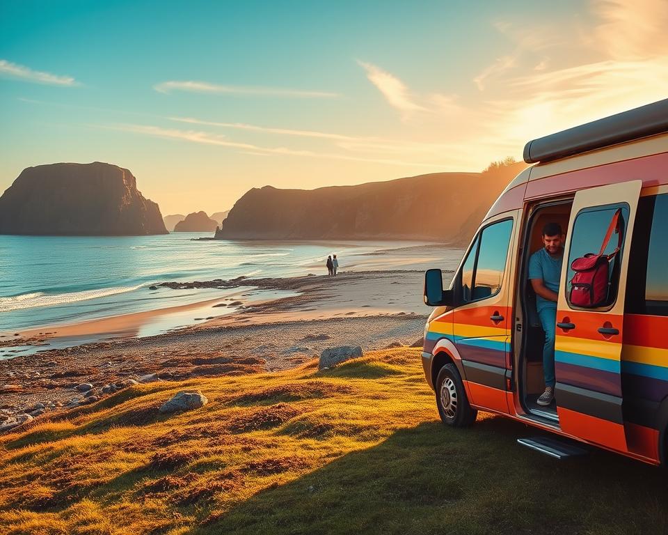 A picturesque scene of Canada’s Atlantic Provinces, featuring a vibrant camper van parked by the rugged coastline. In the foreground, a colorful, well-equipped camper van with an open door, showcasing outdoor gear, sits on a grassy bluff. The middle ground includes a sandy beach with gentle waves lapping at the shore, dotted with smooth rocks and patches of seaweed, while a couple of people in modest casual clothing enjoy a picnic nearby. The background reveals dramatic cliffs rising against a clear blue sky, with wispy clouds adding depth. The light is warm and inviting, capturing the golden hour just before sunset, casting a soft glow across the scene, enhancing the serene, adventurous atmosphere of exploring Canada's natural beauty by camper. A picturesque scene of Canada’s Atlantic Provinces, featuring a vibrant camper van parked by the rugged coastline. In the foreground, a colorful, well-equipped camper van with an open door, showcasing outdoor gear, sits on a grassy bluff. The middle ground includes a sandy beach with gentle waves lapping at the shore, dotted with smooth rocks and patches of seaweed, while a couple of people in modest casual clothing enjoy a picnic nearby. The background reveals dramatic cliffs rising against a clear blue sky, with wispy clouds adding depth. The light is warm and inviting, capturing the golden hour just before sunset, casting a soft glow across the scene, enhancing the serene, adventurous atmosphere of exploring Canada's natural beauty by camper.