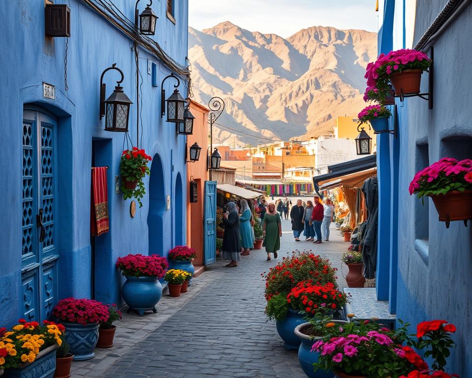 A picturesque scene of Chefchaouen, the Blue City of Morocco, showcasing its iconic blue-washed buildings, narrow cobblestone streets, and vibrant flower pots overflowing with colorful blooms. In the foreground, a winding path leads the viewer through a quaint alley, lined with intricate blue doors and traditional Moroccan lanterns. The middle ground reveals charming plazas where locals interact, dressed in modest, colorful garments, while exploring market stalls adorned with textiles and crafts. The background features stunning, rugged mountain peaks bathed in warm, golden sunlight, creating a serene, inviting atmosphere. The image should have soft natural lighting, capturing the essence of a peaceful afternoon, shot from a slightly elevated angle to emphasize depth and detail. The overall mood is tranquil, inspiring a sense of wonder and discovery in this enchanting city.