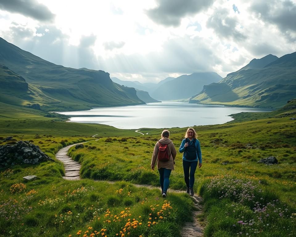 A picturesque scene of Connemara, Ireland, capturing the essence of a day trip adventure. In the foreground, a winding scenic trail leads through vibrant green meadows dotted with colorful wildflowers. Two people, dressed in modest casual clothing, are leisurely walking and admiring the breathtaking landscape. In the middle ground, a tranquil lake reflects the stunning mountains in the background, where rugged cliffs rise dramatically against a partly cloudy sky with rays of sunlight breaking through. The atmosphere is serene and inviting, evoking a sense of exploration and appreciation for nature's beauty. The image should use soft, natural lighting to emphasize the lush scenery, with a slightly elevated angle to capture the expansive view.