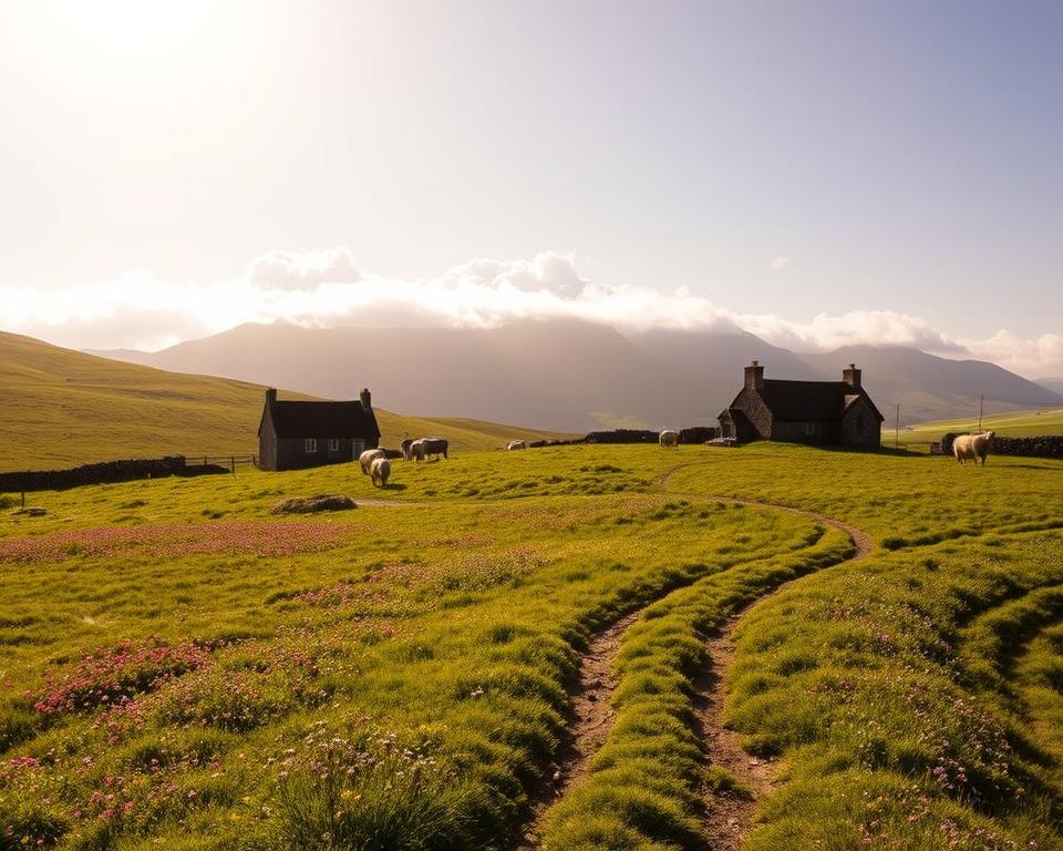 A picturesque scene of Connemara, Ireland, during the ideal travel season. In the foreground, lush green fields dotted with vibrant wildflowers, with a winding trail leading towards the horizon. The middle ground features traditional stone cottages with thatched roofs, surrounded by grazing sheep. The background displays the stunning Twelve Bens mountain range, partially shrouded in soft, wispy clouds. The sky is bright and clear, illuminated by warm, golden sunlight, casting gentle shadows across the landscape. The mood is tranquil and inviting, evoking a sense of serenity and natural beauty, ideal for travelers seeking the perfect time to visit. The composition should be captured from a slightly elevated angle to showcase the expanse of the scenery, enhancing the impression of depth and beauty.